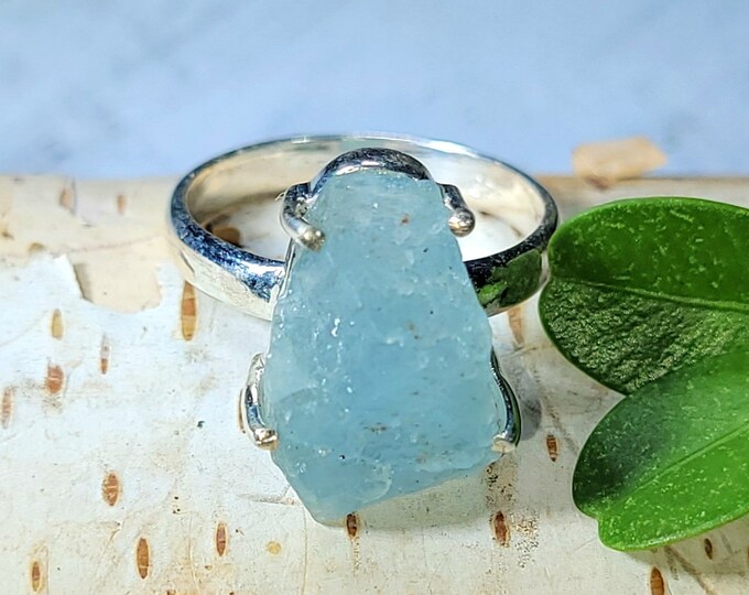 Natural Raw Rough Cut Aquamarine Handmade .925 Sterling Silver Ring Size 7 3/4 4.6 Grams 1/2" x 3/8" BA15