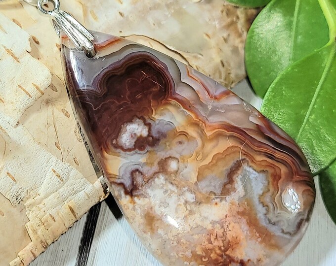 Natural cabochon Crazy Lace Agate Pendant with .925 Sterling Silver Pendant 2" x 1" ES10 13 grams Sterling Silver Bail