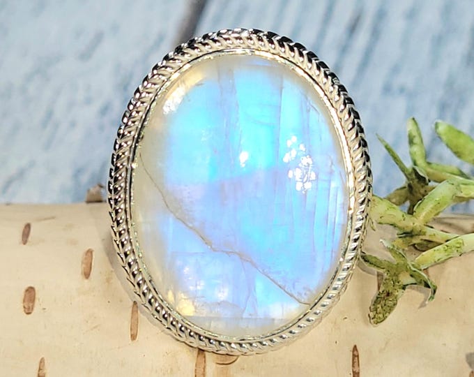 Rainbow Moonstone Ring, Moonstone Ring, Sterling Silver Moonstone Ring, Moonstone Ring Size 8.25, Statement Ring, Boho Ring, JC