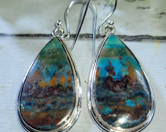 Blue Opal Earrings, Petrified Wood Earrings, .925 Sterling Silver Blue Opalized Petrified Earrings, Sterling Silver Blue Opal Earrings