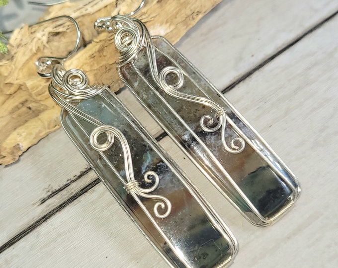 Moss Agate Earrings, Moss Agate Wire Wrapped Earrings, Sterling Silver Wire Wrapped Earrings, Multi-Color Moss Agate Wire Wrap Earrings GE07