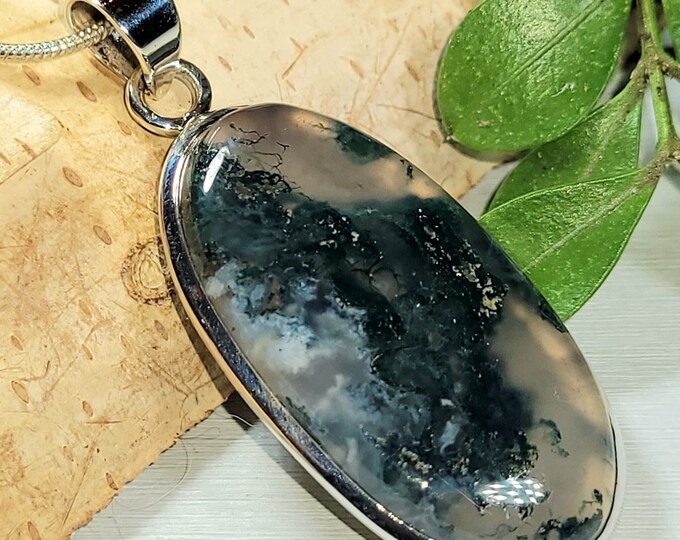 Natural Premium Grade Green Moss Agate Oval Handmade .925 Sterling Silver Pendant 2" x 7/8" 10 Grams AS03