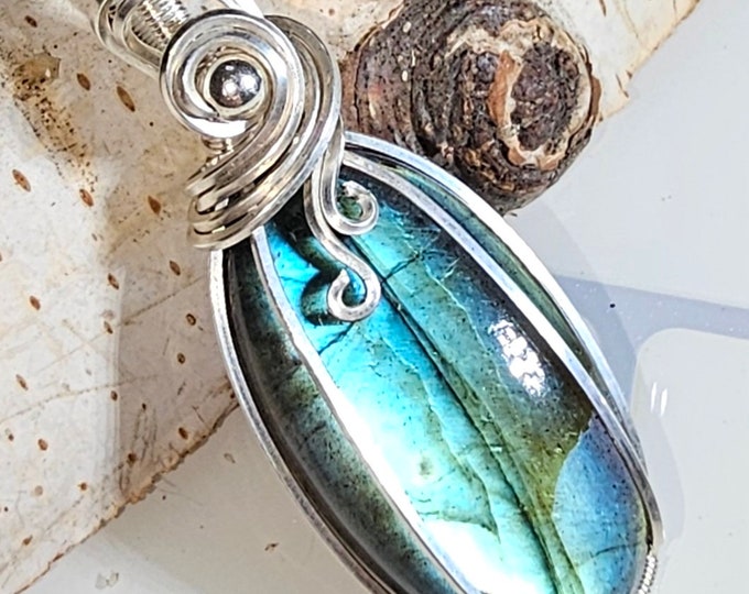 Natural Multi Color Labradorite Hand Wrapped Sterling Silver Pendant 2" x 3/4" 12.3 Grams GD23 Handmade Sterling Silver Wire Wrapped Pendant