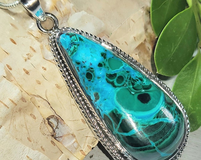 Natural Premium Grade Malachite Chrysocolla Handmade Pear .925 Sterling Silver Pendant 14 Grams 2" x 7/8" EU03 Gift for Her Statement PIece