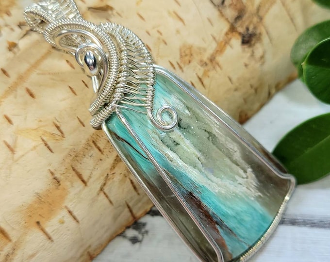 Blue Opalized Wood Pendant, Blue Petrified Wood Pocket Druzy Wire Wrapped Sterling Silver Pendant, Hand Wrapped Pendant, Gift for Her, DP06
