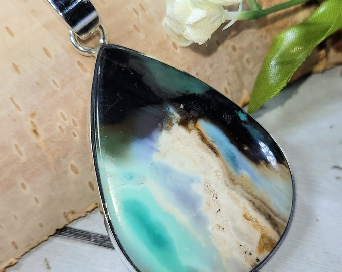 Blue Opal Pendant, Petrified Wood Pendant, .925 Sterling Silver Blue Opalized Petrified Pendant, Sterling Silver Blue Opal Pendant