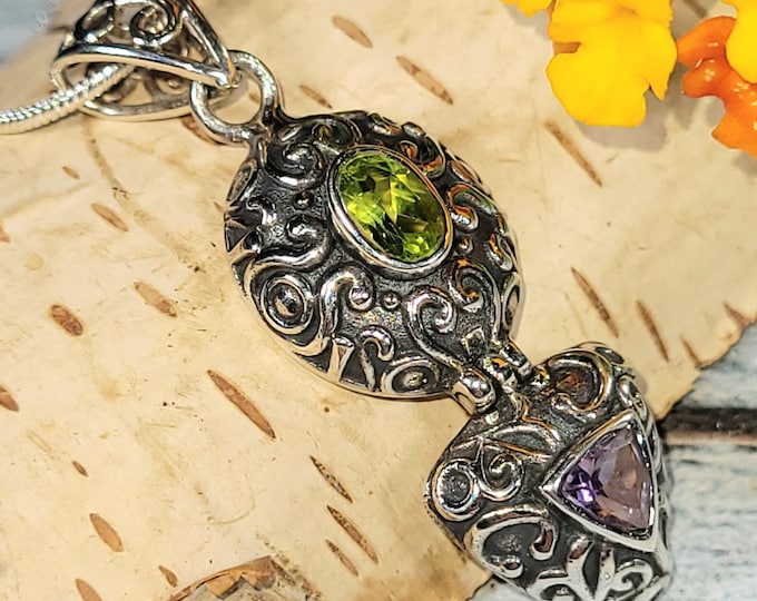 Eye Clean Faceted Amethyst, Peridot Designer Sterling Silver Pendant, Handmade Amethyst, Peridot Pendant, JH24
