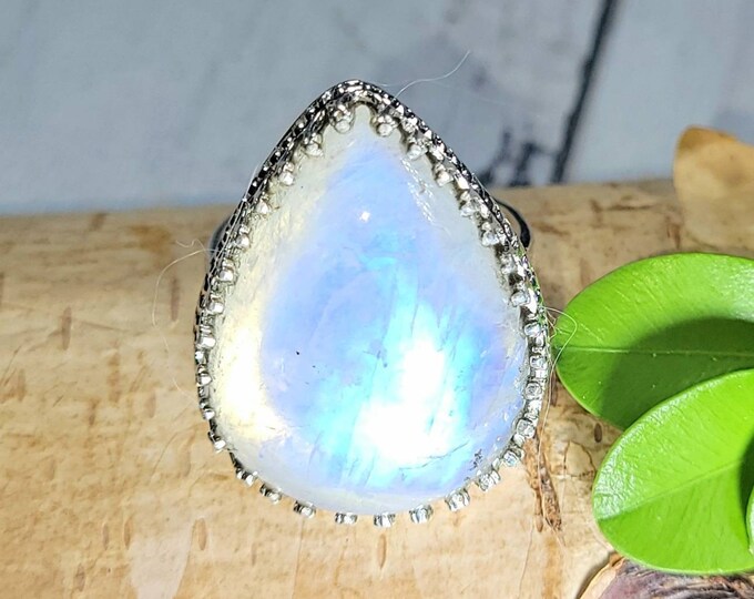 Moonstone Ring, Handmade Moonstone Sterling Silver Ring Size 8.5, Handmade Ring, Boho Ring, Statement Ring, Gift for Her, FC, "Crown Prong"