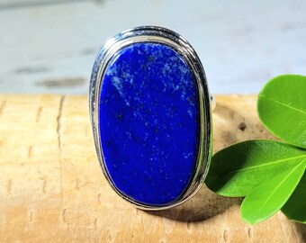 Bague Vintage Art Déco En Lapis-Lazuli Et Argent 925 - Taille 7 - Style Bohème Ethnique
