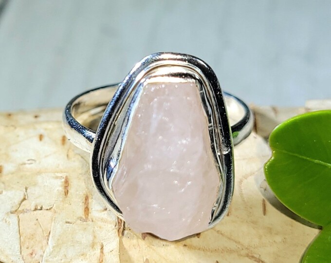 Natural High Quality Raw Rough Cut Rose Quartz Handmade .925 Sterling Silver Ring Size 8 6 Grams 3/4" x 5/8" CB18