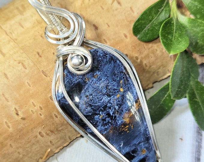 Pietersite Pendant, Blue Pietersite Sterling Silver Pendant, Pietersite  Sterling Silver Wire Wrapped Pendant, Gift for Her, FS31