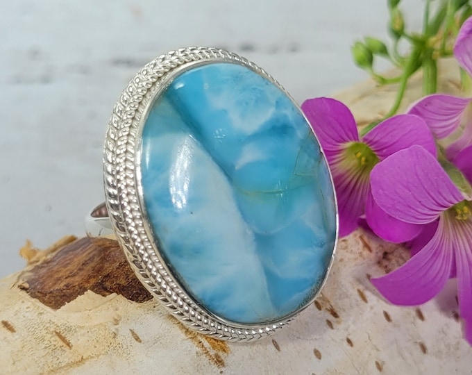 Larimar Ring, Dominican Larimar Sterling Silver Ring, Larimar Silver Ring, Premium Larimar Sterling Silver Ring  Size 7.5 Gift for Her, FB