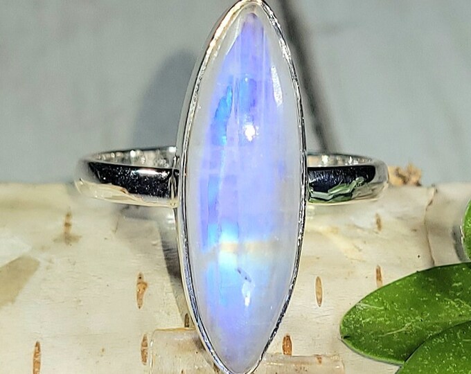 Natural Premium Blue Flash Moonstone Marquise Shape .925 Sterling Silver Ring Size 8.5 4 Grams 1" x 5/16" EX15