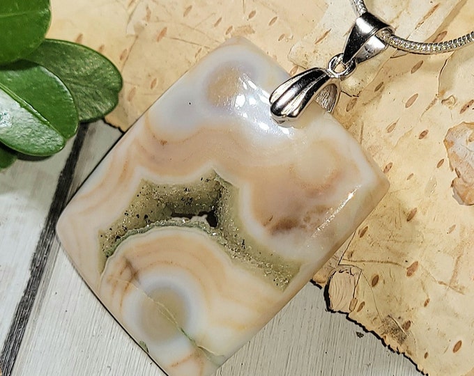Natural AA Ocean Jasper w/Pocket Druzy Cabochon .925 Sterling Silver Pendant 1 5/8" x 1" EW35 Sterling Silver Rhodium Plated Bail