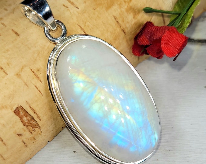 Moonstone Pendant, Rainbow Moonstone Sterling Silver Pendant, Premium Grade Moonstone Pendant, Gift for Her, Statement Pendant, Boho Pendant