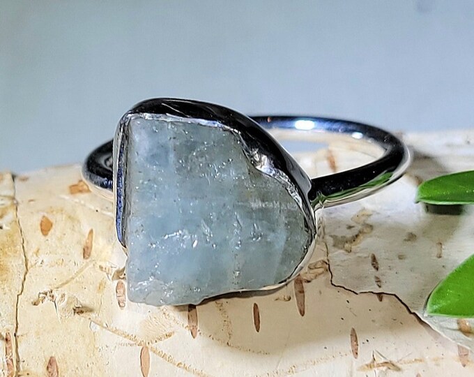 Natural Premium Rough Cut Aquamarine Handmade .925 Sterling Silver Ring Size 6.5 4 Grams 1/2" x 1/2" AN42