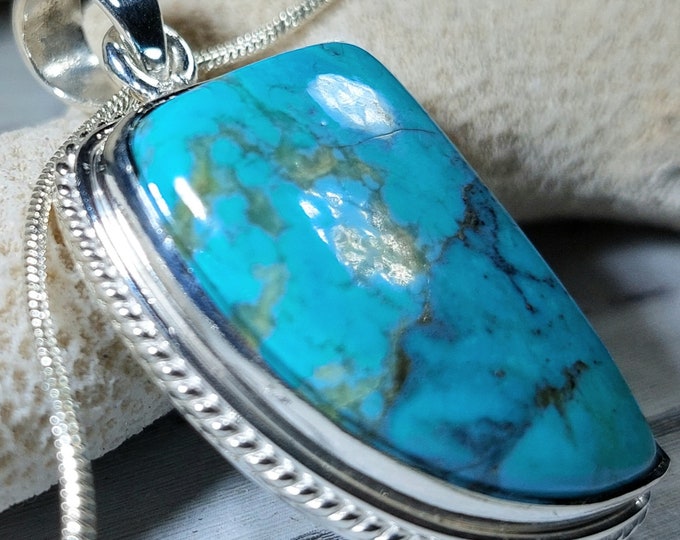 Turquoise Pendant, Sterling Silver Turquoise Pendant, Freeform Kingman Arizona Turquoise Boho Pendant, Statement Pendant GH05