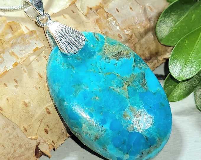 Natural High Grade Arizona Kingman Turquoise Oval Cabochon .925 Sterling Silver Pendant 1 7/8" x 1" AE24 Sterling Silver Designer Bail