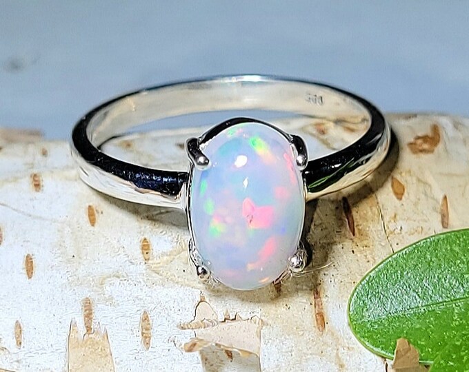 Natural High Grade Multi-Color Ethiopian Opal .925 Sterling Silver Ring Size 6.5 2 Grams 3/8" x 1/4" EY28
