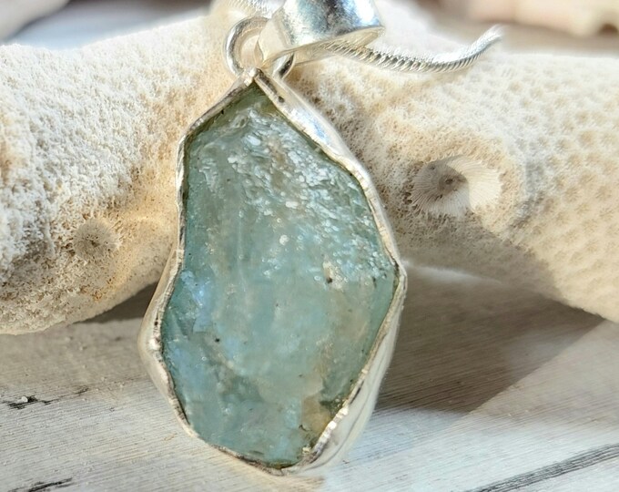 Natural Genuine Raw Aquamarine Rough Cut Handcrafted  .925 Sterling Silver Pendant 1" X 1 5/8", 7 Grams GC48