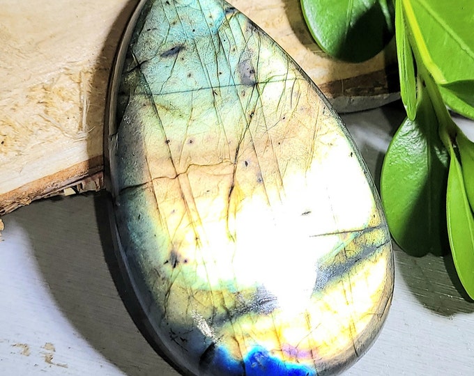 Natural Large Multi-Flash Labradorite Pear Cabochon 130ct 26 Grams 55mm x 33mm Wire Wrapping, Weaving or Pendant, Collector LB02