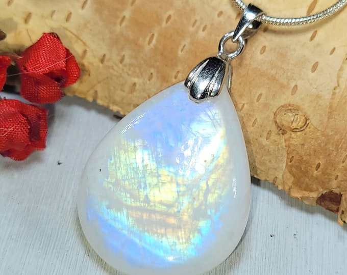 Natural Premium Grade Rainbow Moonstone Pear Cabochon 40ct .925 Sterling Silver Pendant 1 3/4" x 1" DC09 Rhodium Sterling Silver Bail