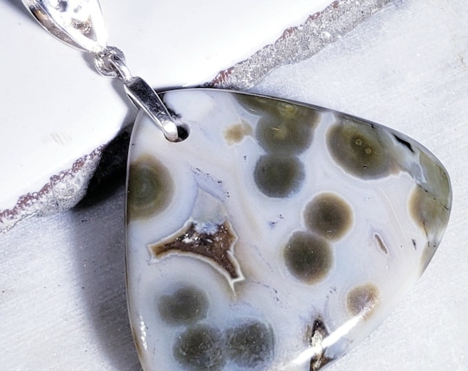 Natural AAA Ocean Jasper Pear Cabochon .925 Sterling Silver Pendant 2 1/4" x 1 3/4" EA02 Heavy Duty Designer Sterling Silver Bail