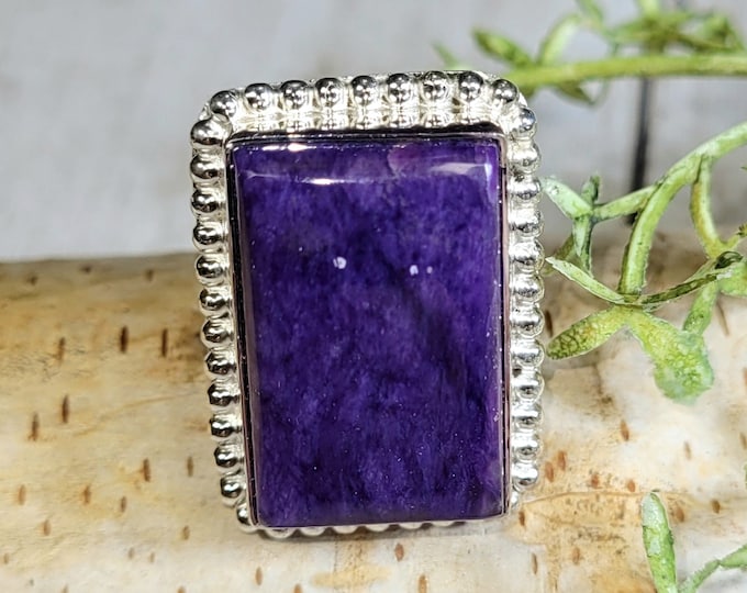 Charoite Ring, Charoite Sterling Silver Ring Size 8, Pear Charoite Ring, Statement Charoite Ring, Charoite Handmade Ring, Gift for her HG