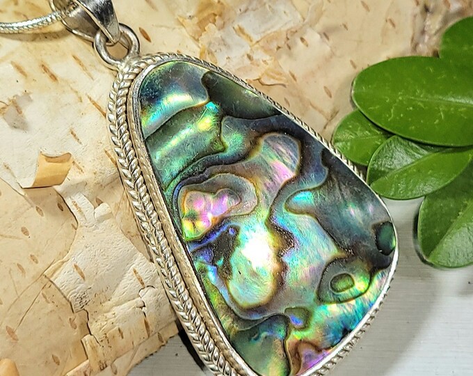 Natural High Grade Multi-Color Abalone Shell .925 Sterling Silver Pendant 2" x 1 1/8" 14 grams EJ41