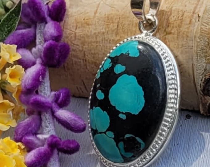 Natural Premium Grade Tibet Turquoise .925 Sterling Silver Pendant Weighs 11 Grams CV32 Measures 1 5/8" x 1"