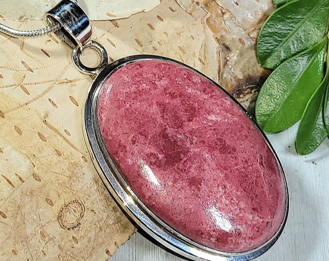 Natural Best Grade Pink Thulite Handmade Oval .925 Sterling Silver Pendant Measures 2" x 1" Weighs 15 Grams AN33