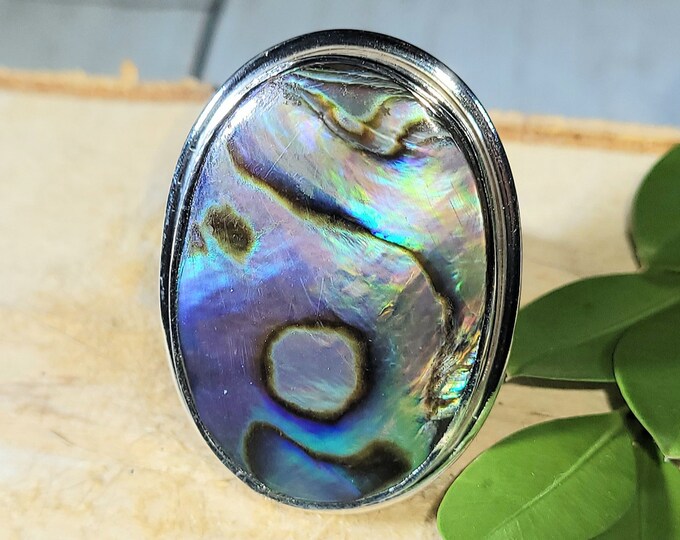Natural Colorful Large Abalone Shell .925 Sterling Silver Ring Size 8 13 Grams 1 3/8" x 1" ER19