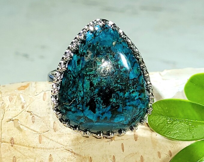 Natural Excellent Quality Shattuckite Handmade .925 Crown Prong Sterling Silver Ring Size 9 8 Grams Face 7/8" x 3/4" CD11