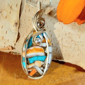 Natural Spiny Oyster Wire Wrapped .925 Sterling Silver Wire Wrapped Pendant, Handmade Stone Jewelry GC21