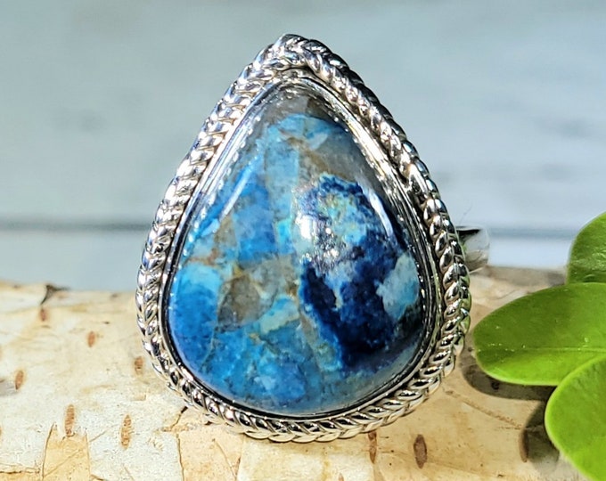 Natural Choice Quality Shattuckite Handmade Pear .925 Sterling Silver Ring Size 7.5 7 Grams Face 7/8" x 3/4" CD21