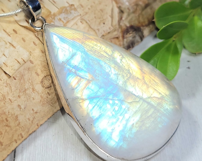 Natural AAAA Grade Multi Full Flash Huge Rainbow Moonstone .925 Sterling Silver Pendant Measures 2 1/2" x 1 1/8" Weighs 29 Grams AN22