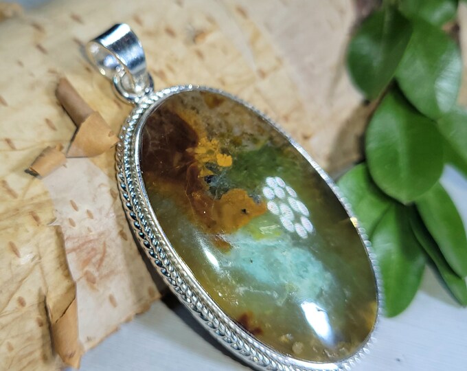 Natural Blue Opalized Wood Cabochon Handmade .925 Sterling Silver Pendant . Blue Opalized Petrified Wood Opal Pendant. blue opal pedant