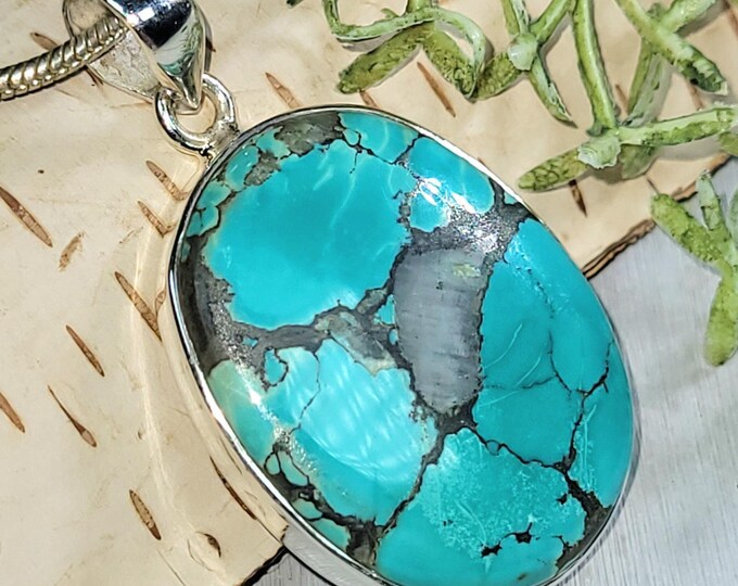 Tibet Turquoise Pendant, Tibet Turquoise Sterling Silver Pendant, Oval Turquoise Pendant, Handmade Turquoise Pendant, Boho Pendant, HT06