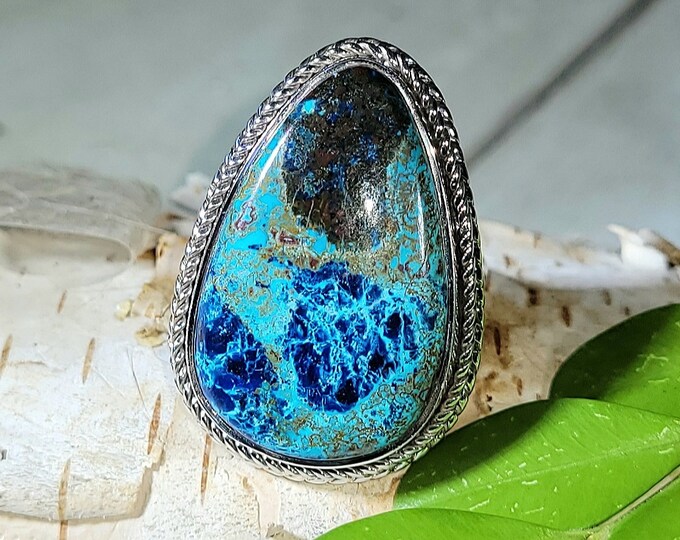 Natural High Grade Azurite .925 Sterling Silver Ring Size 5.5 9 Grams 1" x 11/16" EU16