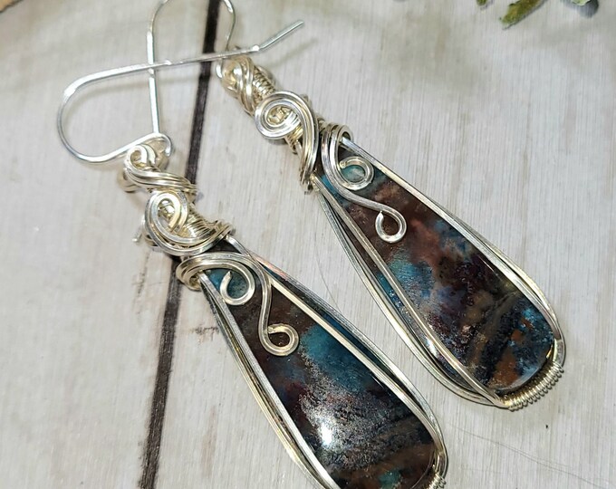 Multi Color Opalized Earrings, Opalized Sterling Silver Wire Wrapped Earrings, Petrified Wood Earrings, Handmade Earrings, Gift for Her GS43