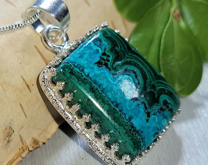 Natural High Grade Chrysocolla Malachite Rectangle .925 Sterling Silver Crown Prong Pendant Weighs 9 Grams Measures 1 3/8" x 13/16" CM18
