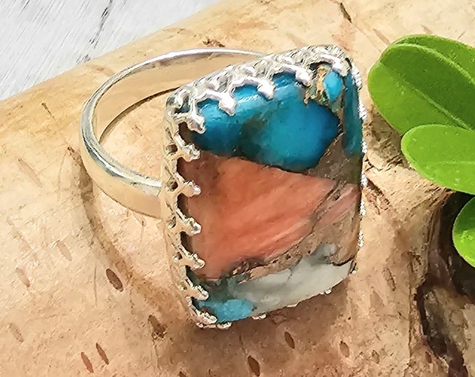 Spiny Oyster Turquoise Ring with Copper, Spiny Oyster Turquoise .925 Sterling Silver Ring, Size 7.5 Spiny Oyster Turquoise Ring.