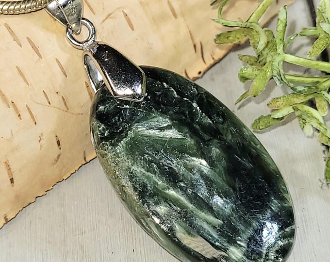 Seraphinite Pendant, Seraphinite Cabochon Sterling Silver Pendant, Oval Seraphinite Pendant, Handmade Pendant, Statement Pendant, HP25