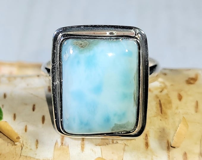 Natural High Quality Dominican Larimar Rectangle .925 Sterling Silver Ring Size 7.5 6 Grams Face Measures 11/16" x 5/8" AB05