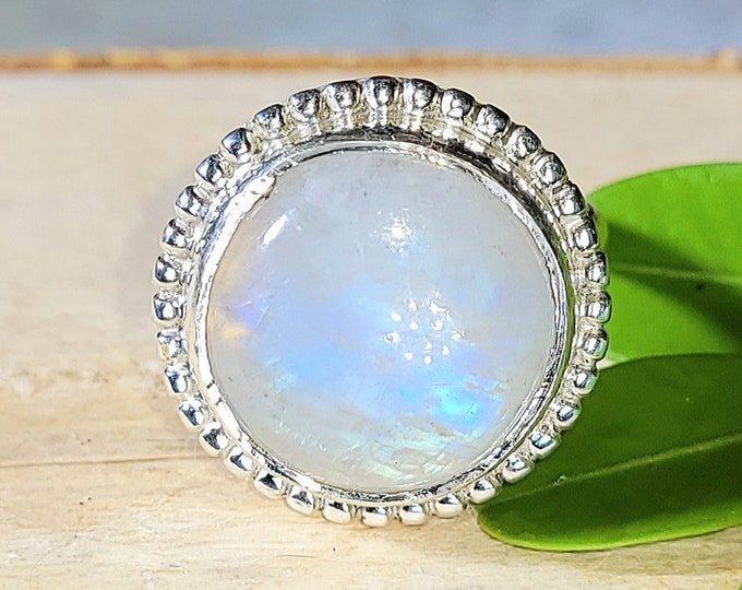 Natural Blue Flash Round Moonstone .925 Sterling Silver Ring Size 7.5 6 Grams 3/4" Round EL10