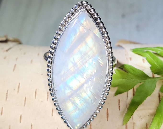Natural AAA Multi Color Flash Moonstone .925 Sterling Silver Ring Size 9 10 Grams Face 1 1/2" x 3/4" AG13