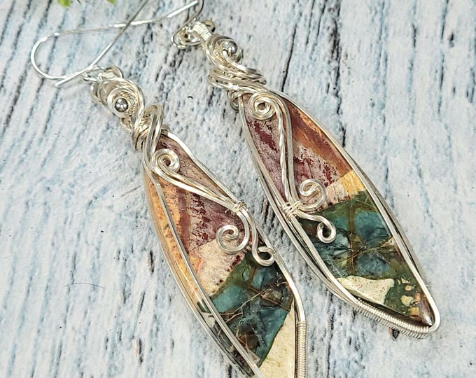 Multi Color Opalized Earrings, Opalized Sterling Silver Wire Wrapped Earrings, Petrified Wood Earrings, Handmade Earrings, Gift for Her JF23