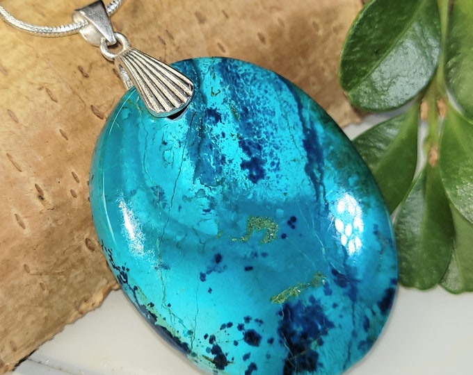 Shattuckite Oval Cabochon Pendant, Shattuckite Sterling Silver Pendant, Statement Shattuckite Pendant, Gift for Her, Premium Grade, GD42