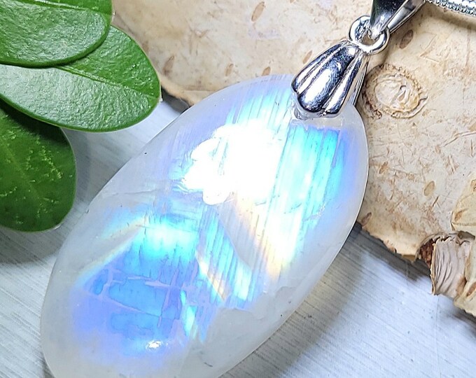 Natural AAA Grade Full Flash Moonstone Cabochon .925 Sterling Silver Pendant 1 5/8" x 5/8" EY06 Sterling Silver Rhodium Plated  Bail