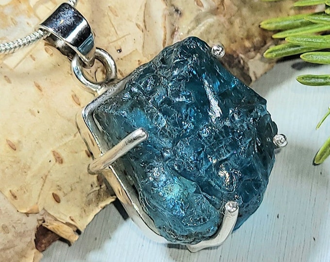 Raw Apatite Rough Cut  .925 Sterling Silver Pendant 1 1/4" X 3/4" AL15 10 grams Handcrafted